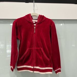 Juicy Couture Velour Red Zip Up Hoodie with Rose Print, Size 4